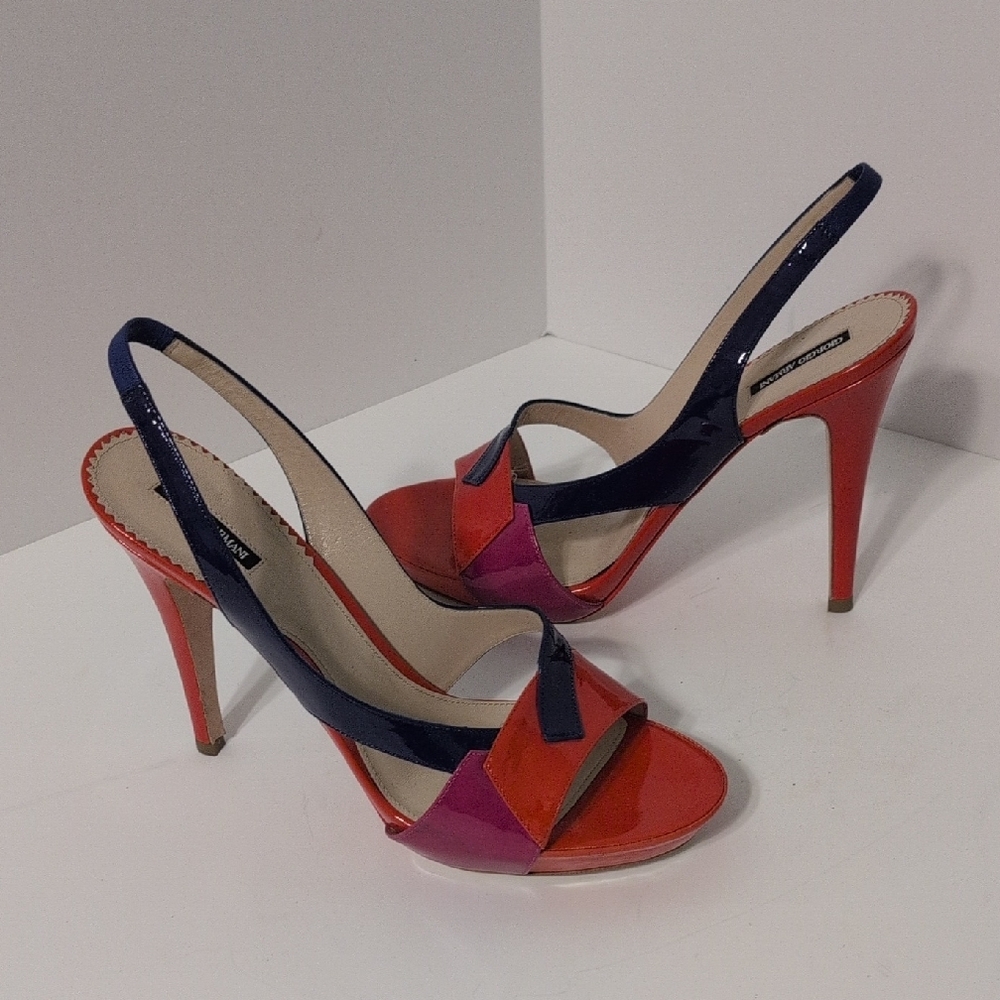 Giorgio Armani, Italy, Patent Leather, Heels, Sandals, Red, Purple, Blue, Size 9